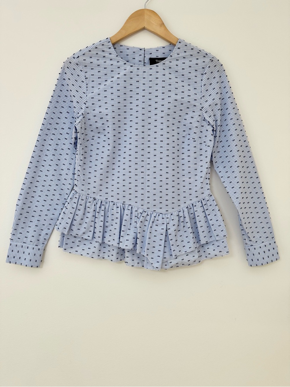 Thakoon Fil Coupé Blue and White Gingham Peplum Long Sleeve Top, Size 0